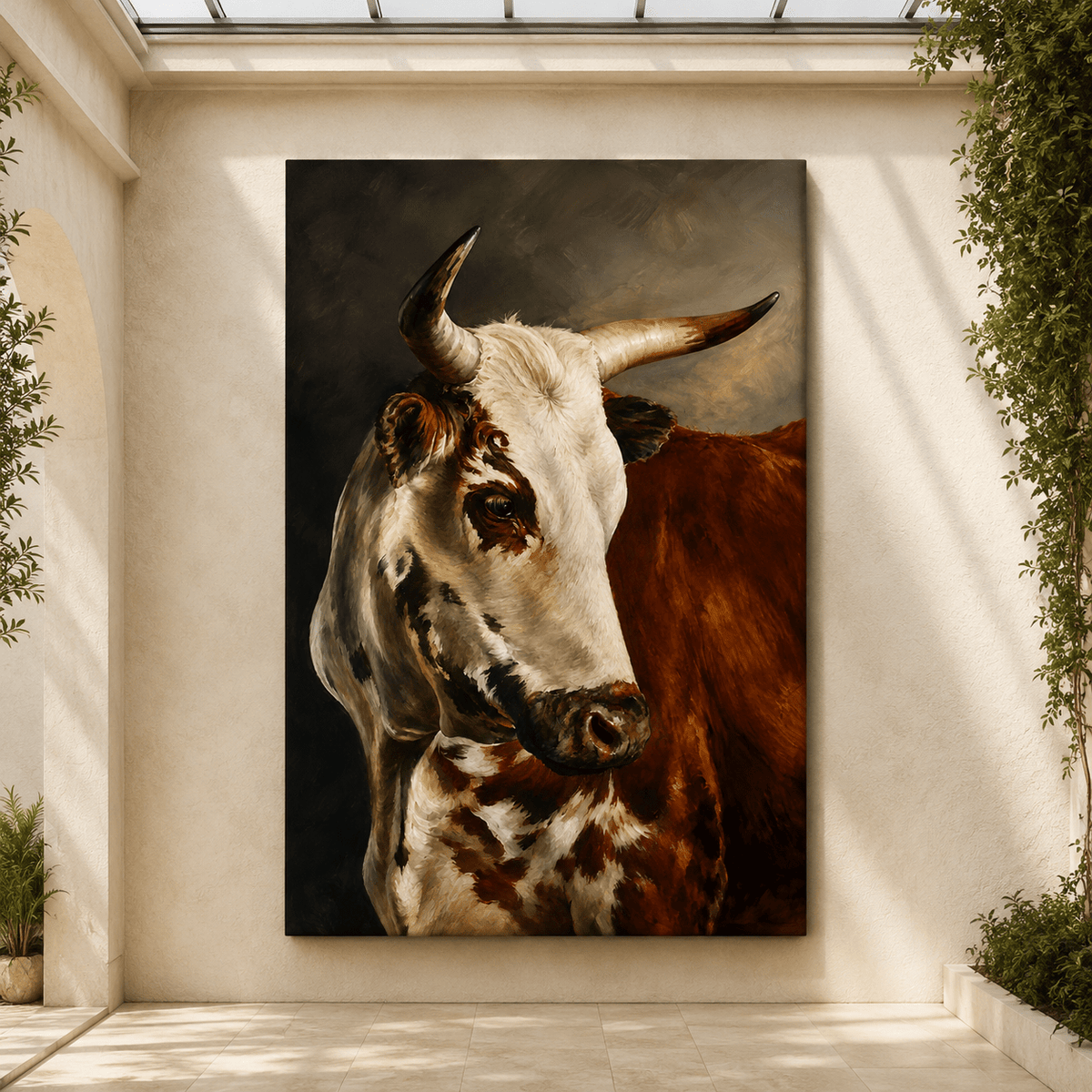 Brown and White Longhorn Cow Portrait Wrapped Canvas Wall Art – Rustic Western Cattle Painting - ART OF ROYALS