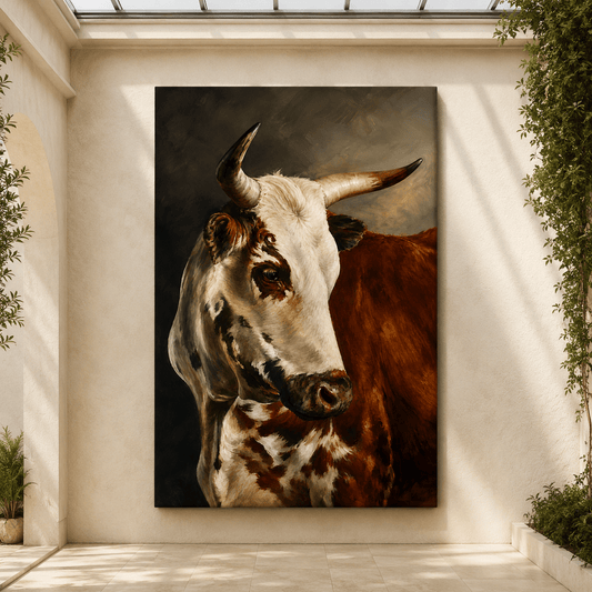 Brown and White Longhorn Cow Portrait Wrapped Canvas Wall Art – Rustic Western Cattle Painting - ART OF ROYALS
