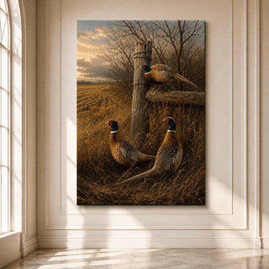 Three Pheasants by Rustic Fence Wrapped Canvas Wall Art – Country Game Bird Wildlife Print - ART OF ROYALS