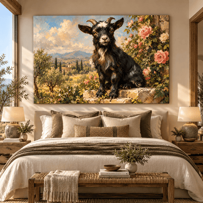 Black Goat in Tuscan Rose Garden Wrapped Canvas Wall Art – Rustic Mediterranean Farm Animal Painting