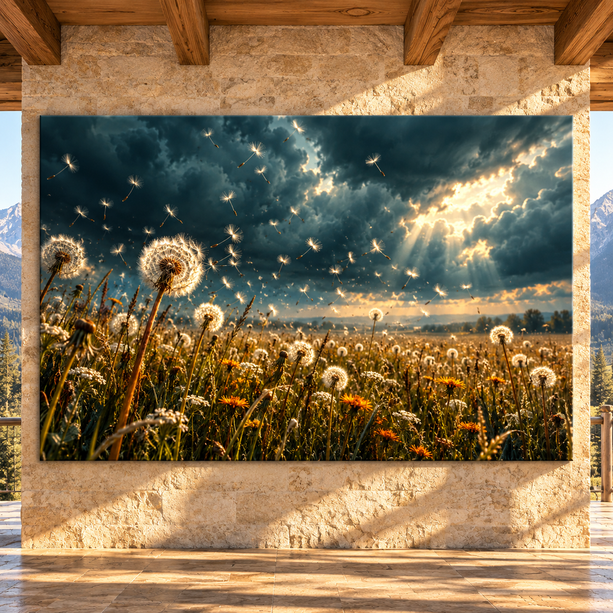 Dandelion Meadow Under Stormy Sky Wrapped Canvas Wall Art – Sunlit Wildflower Field Landscape