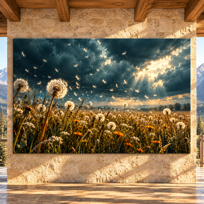 Dandelion Meadow Under Stormy Sky Wrapped Canvas Wall Art – Sunlit Wildflower Field Landscape