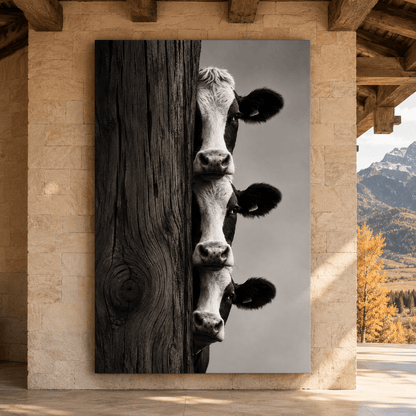 Cows Peeking Around Post Wrapped Canvas Wall Art – Playful Black and White Photography Print - ART OF ROYALS