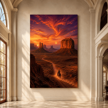 Lone Cowboy at Desert Sunset Wrapped Canvas Wall Art – Western Monument Valley Landscape Print - ART OF ROYALS