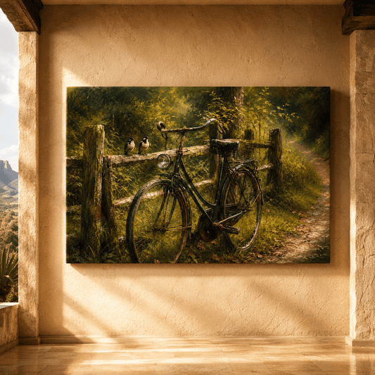 Vintage Bicycle on Country Path Wrapped Canvas Wall Art – Rustic Autumn Forest Oil Painting Print - ART OF ROYALS