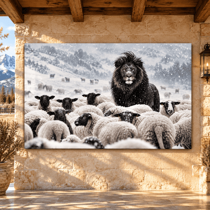 Black Lion Among Sheep in Snow Wrapped Canvas Wall Art – Dramatic Winter Wildlife & Farm Animal Scene