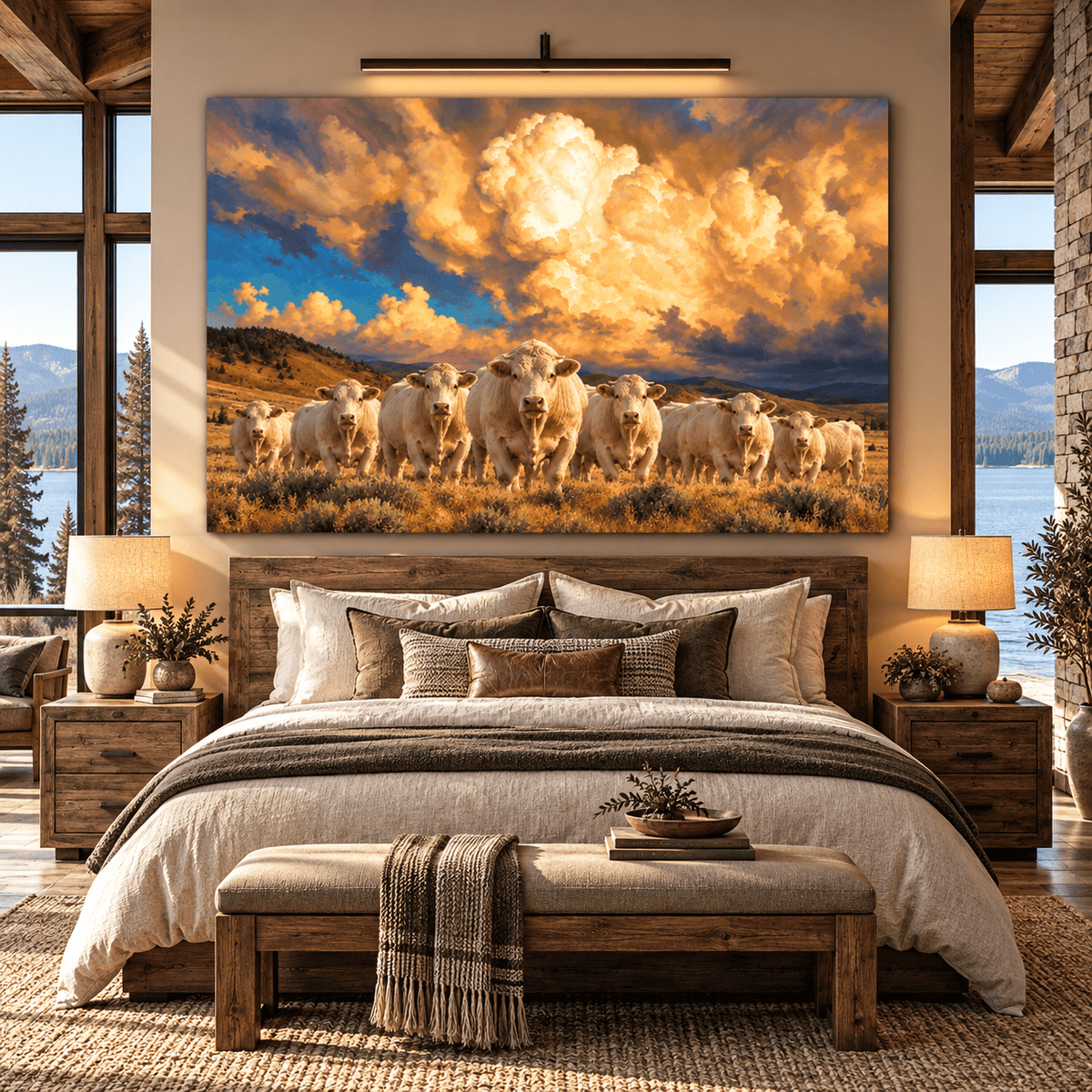 Charolais Cattle Herd Under Golden Storm Clouds Wrapped Canvas Wall Art – Western Ranch Cow Landscape - ART OF ROYALS