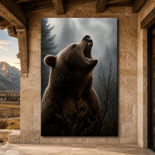 Roaring Brown Bear in Misty Forest Wrapped Canvas Wall Art – Powerful Grizzly Wildlife Print - ART OF ROYALS