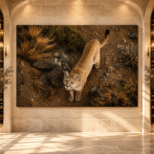 Mountain Lion Looking Up Wrapped Canvas Wall Art – Overhead Cougar Wildlife Landscape Print - ART OF ROYALS
