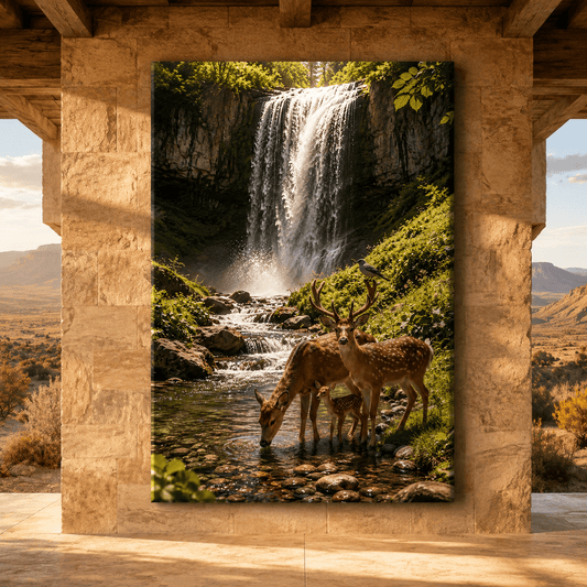 Deer Family by Waterfall Wrapped Canvas Wall Art – Buck Doe and Fawn Forest Wildlife Print - ART OF ROYALS