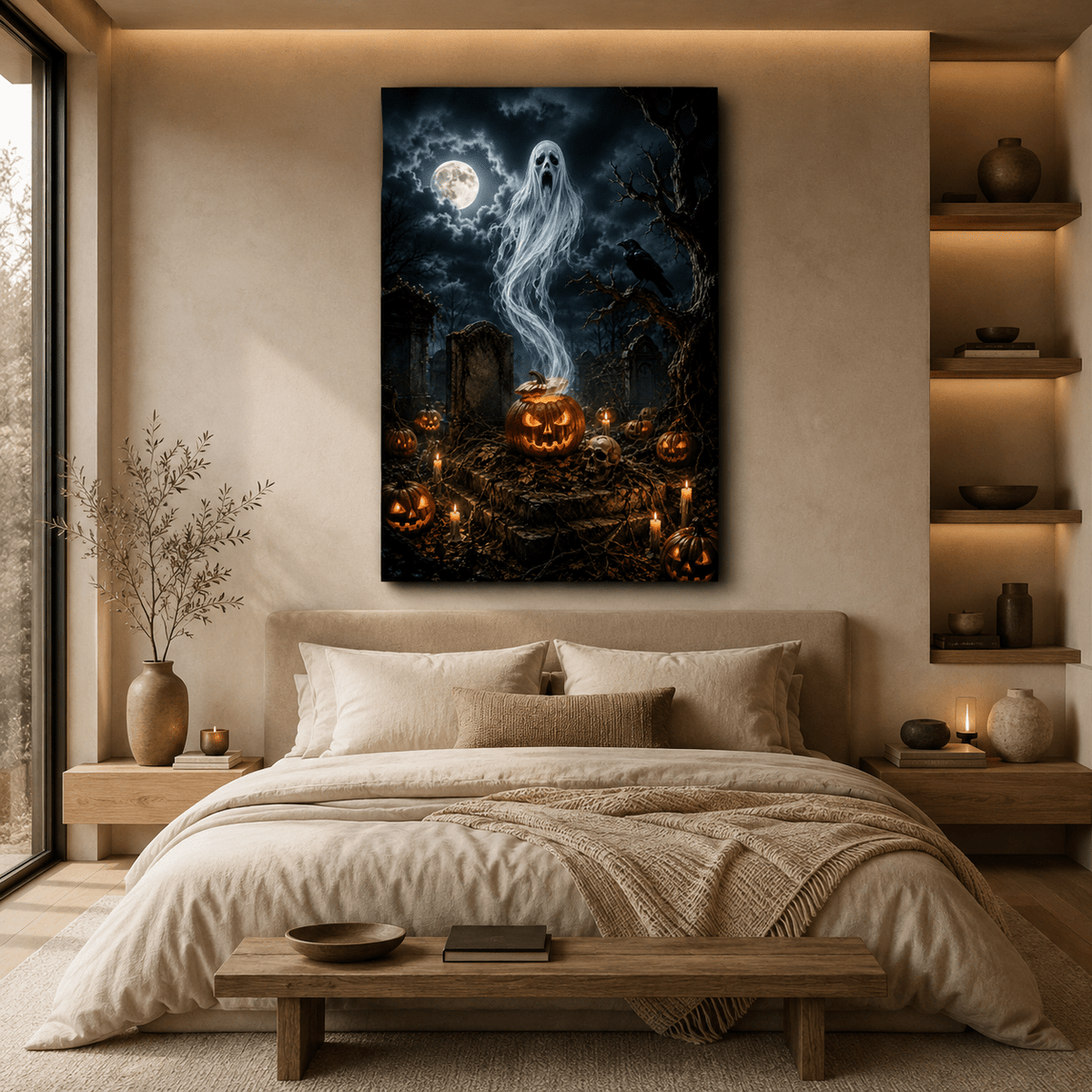 Haunted Graveyard Ghost Wrapped Canvas Wall Art – Gothic Halloween Pumpkin & Raven Print - ART OF ROYALS