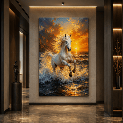 White Horse Running Through Ocean Waves Wrapped Canvas Wall Art – Sunset Equine Coastal Print - ART OF ROYALS