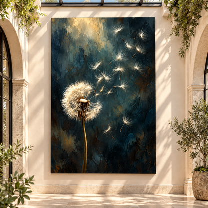 Blowing Dandelion Seeds Wrapped Canvas Wall Art – Moody Teal Botanical Painting
