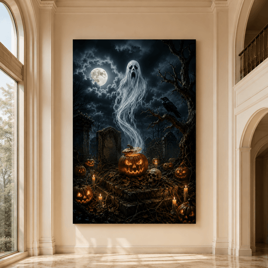 Haunted Graveyard Ghost Wrapped Canvas Wall Art – Gothic Halloween Pumpkin & Raven Print - ART OF ROYALS