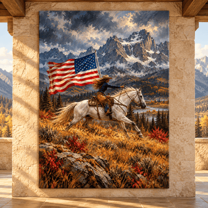 Patriotic Cowgirl Horseback Riding Wrapped Canvas Wall Art – American Flag Western Mountain Painting - ART OF ROYALS