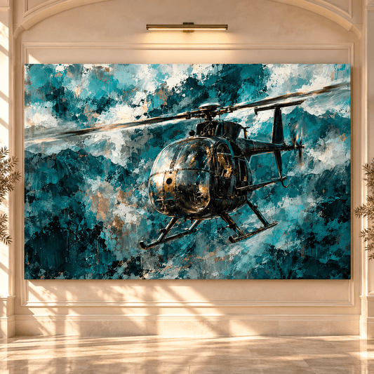 Abstract Helicopter Wrapped Canvas Wall Art – Teal Aviation Painting for Modern Office Decor - ART OF ROYALS