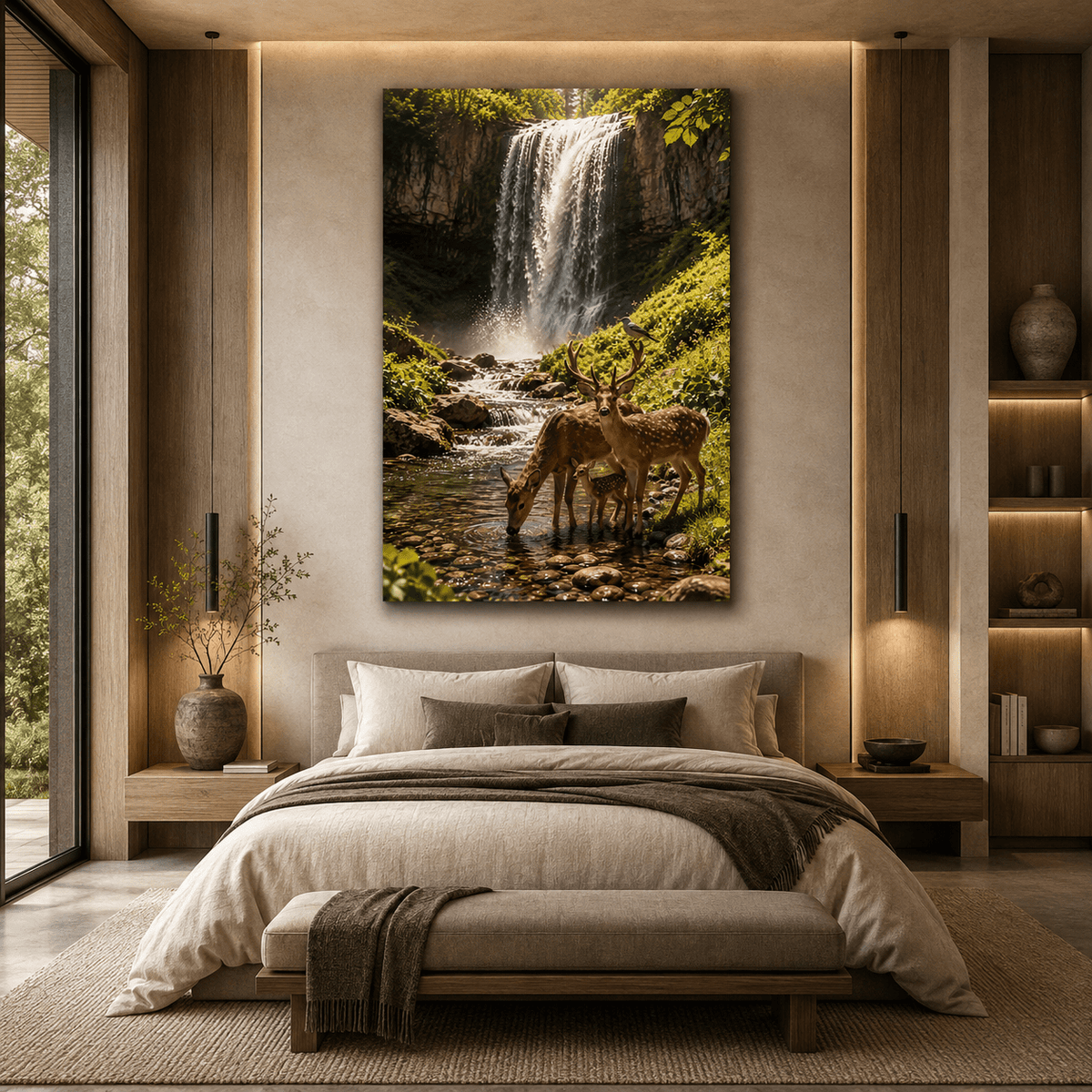 Deer Family by Waterfall Wrapped Canvas Wall Art – Buck Doe and Fawn Forest Wildlife Print - ART OF ROYALS