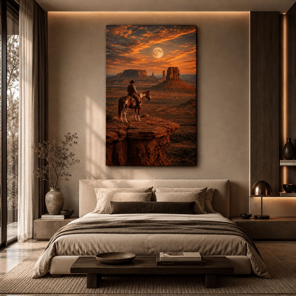 Cowboy Overlooking Monument Valley Wrapped Canvas Wall Art – Western Horseback Desert Sunset Print - ART OF ROYALS