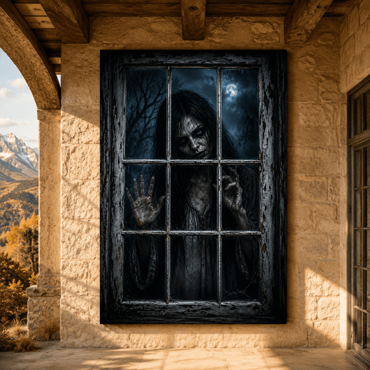 Haunted Woman at Window Wrapped Canvas Wall Art – Creepy Gothic Horror Halloween Print - ART OF ROYALS