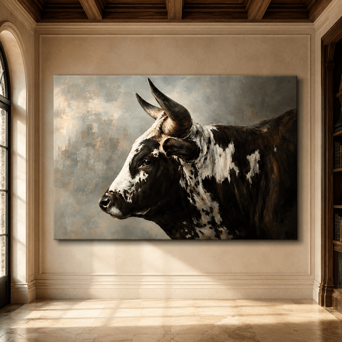Black and White Bull Profile Wrapped Canvas Wall Art – Textured Oil Painting Print - ART OF ROYALS