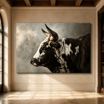 Black and White Bull Profile Wrapped Canvas Wall Art – Textured Oil Painting Print - ART OF ROYALS