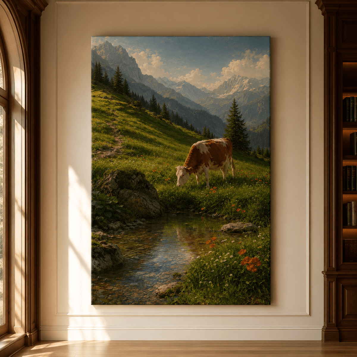 Alpine Cow by Mountain Stream Wrapped Canvas Wall Art – Classical Landscape Painting Print - ART OF ROYALS