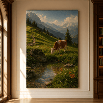 Alpine Cow by Mountain Stream Wrapped Canvas Wall Art – Classical Landscape Painting Print - ART OF ROYALS