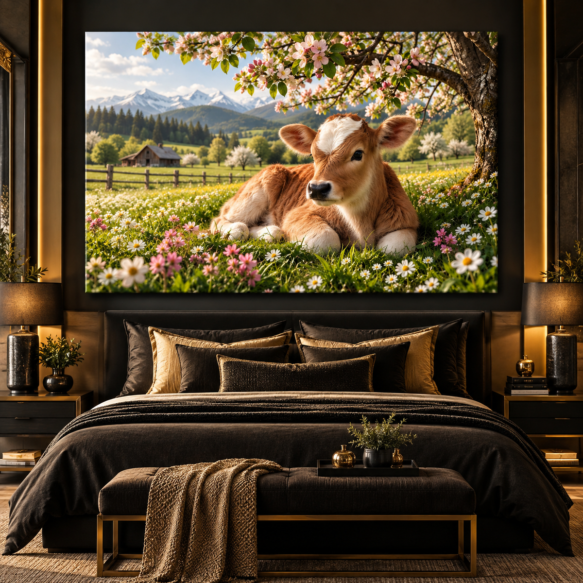 Baby Calf Resting Beneath Apple Blossoms Wrapped Canvas Wall Art – Spring Farmhouse Cow Print