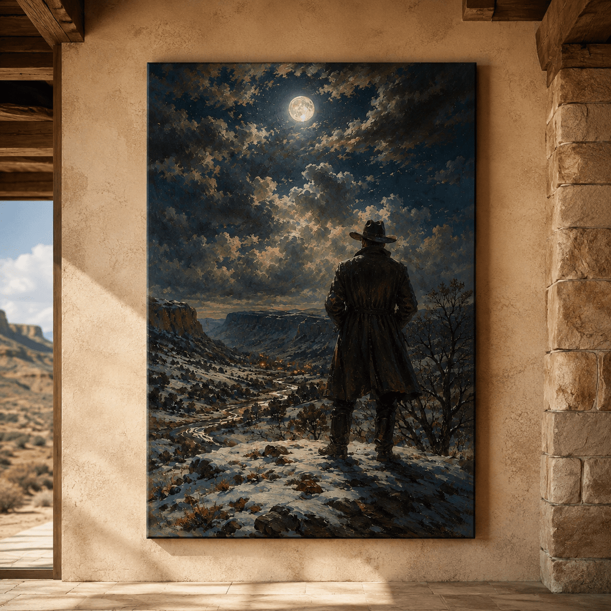 Lone Cowboy Overlooking Snowy Canyon Under Full Moon Wrapped Canvas Wall Art – Western Winter Landscape Print - ART OF ROYALS