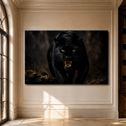 Black Panther Stalking Through the Shadows Wrapped Canvas Wall Art – Fierce Big Cat Wildlife Print - ART OF ROYALS