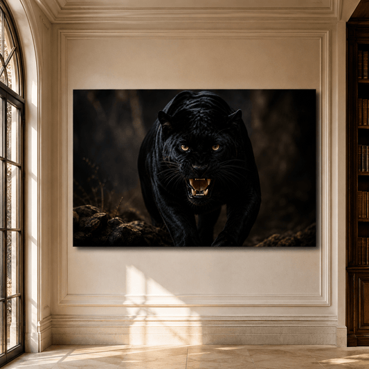 Black Panther Stalking Through the Shadows Wrapped Canvas Wall Art – Fierce Big Cat Wildlife Print - ART OF ROYALS