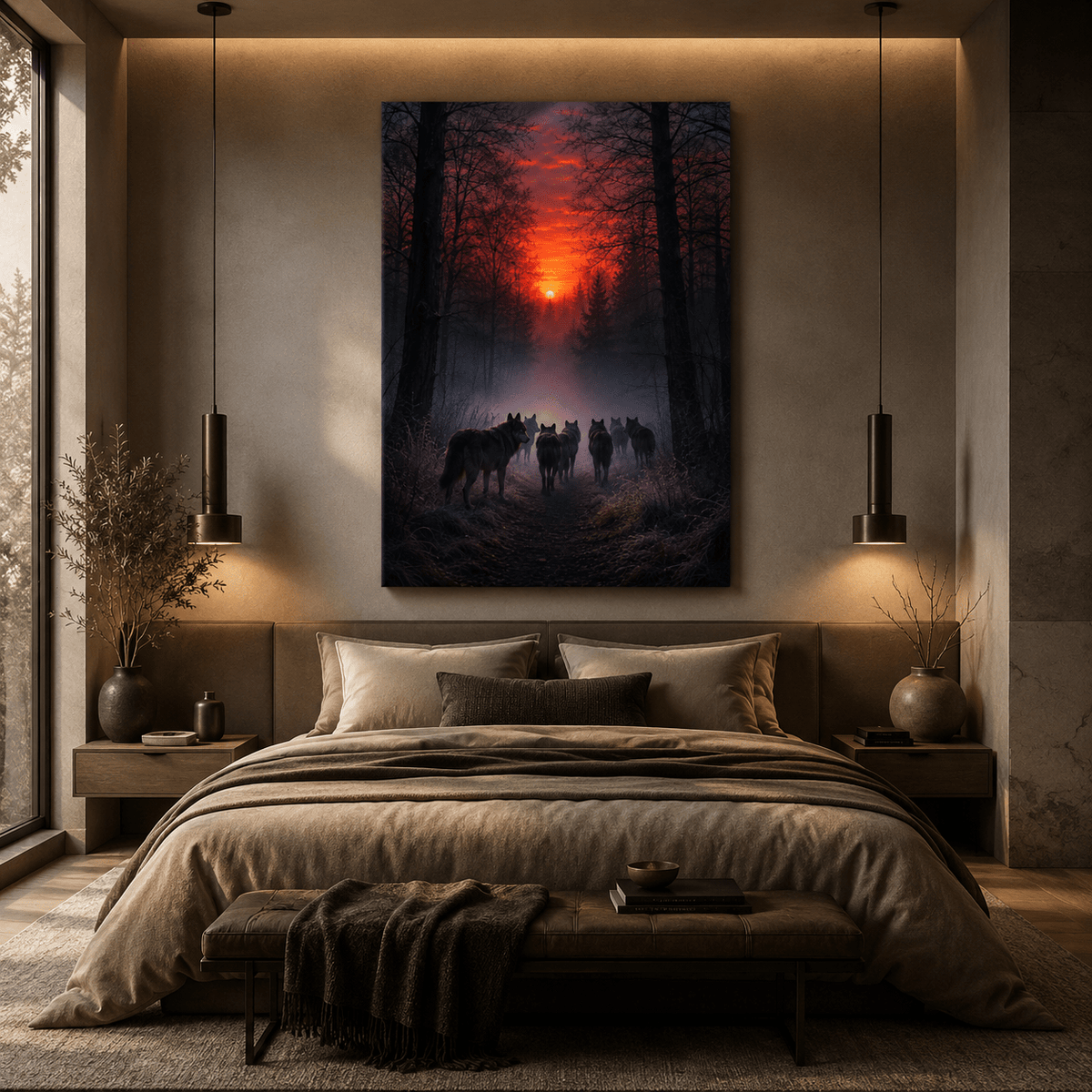 Wolf Pack at Red Sunset Wrapped Canvas Wall Art – Dark Forest Wildlife Print - ART OF ROYALS