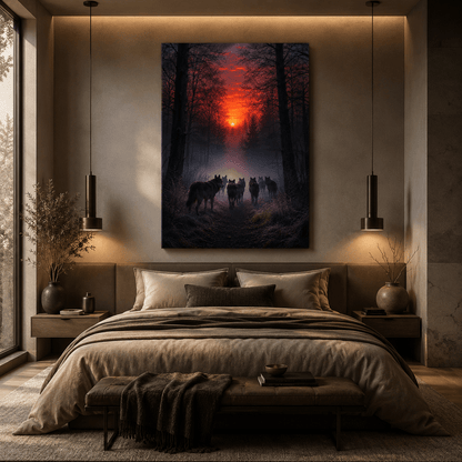 Wolf Pack at Red Sunset Wrapped Canvas Wall Art – Dark Forest Wildlife Print - ART OF ROYALS