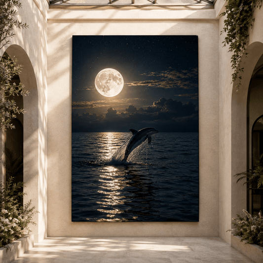 Dolphins Leaping Beneath Full Moon Wrapped Canvas Wall Art – Moonlit Ocean Wildlife Print - ART OF ROYALS