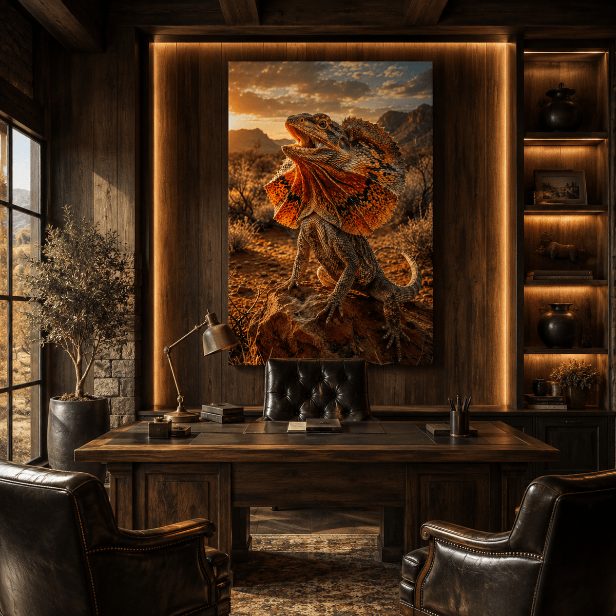 Frilled Lizard at Sunset Wrapped Canvas Wall Art – Orange Frill Desert Reptile Print - ART OF ROYALS