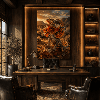 Frilled Lizard at Sunset Wrapped Canvas Wall Art – Orange Frill Desert Reptile Print - ART OF ROYALS