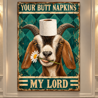 Funny Goat Toilet Paper Wrapped Canvas Wall Art – “Your Butt Napkins, My Lord” Rustic Farmhouse Bathroom Decor