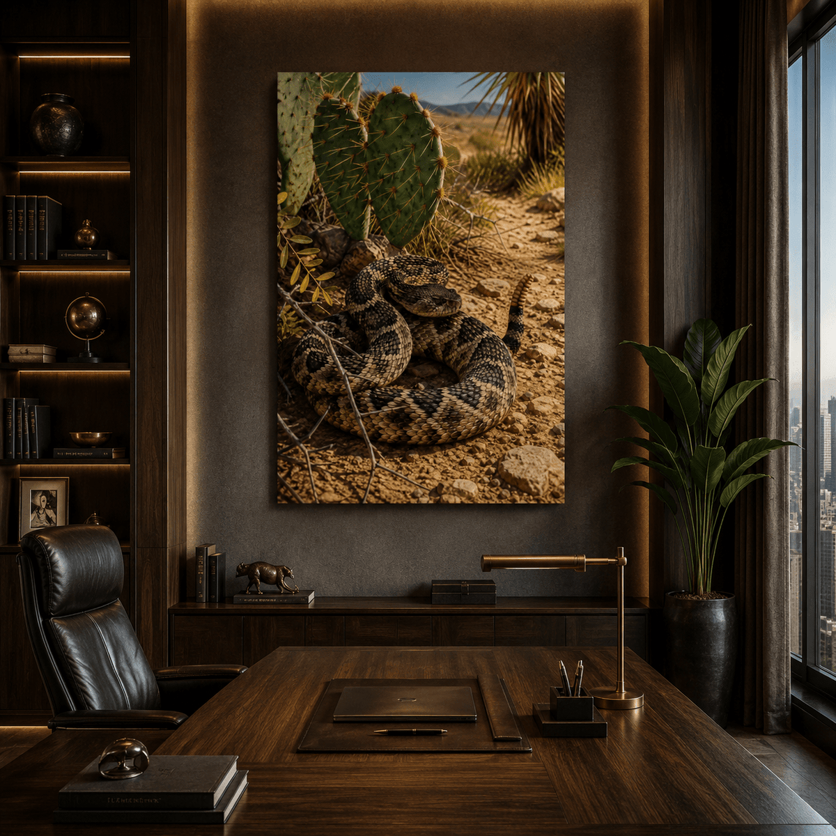 Coiled Rattlesnake in Desert Cactus Wrapped Canvas Wall Art – Southwestern Reptile Wildlife Print - ART OF ROYALS