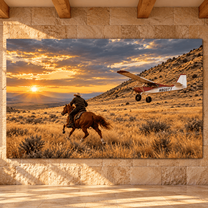 Cowboy and Bush Plane Wrapped Canvas Wall Art – Western Horseback Aviation Sunset Print - ART OF ROYALS