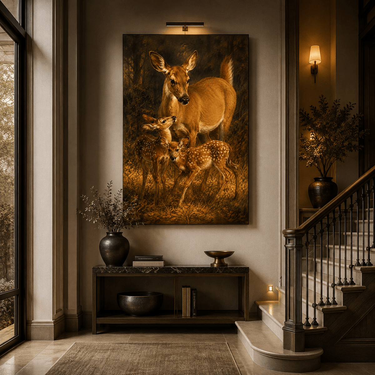 Whitetail Doe with Twin Fawns Wrapped Canvas Wall Art – Mother Deer & Baby Woodland Wildlife Print - ART OF ROYALS