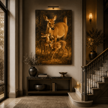 Whitetail Doe with Twin Fawns Wrapped Canvas Wall Art – Mother Deer & Baby Woodland Wildlife Print - ART OF ROYALS
