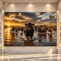 Black Angus Cattle Crossing River at Sunset Wrapped Canvas Wall Art – Western Ranch Herd & Windmill Landscape