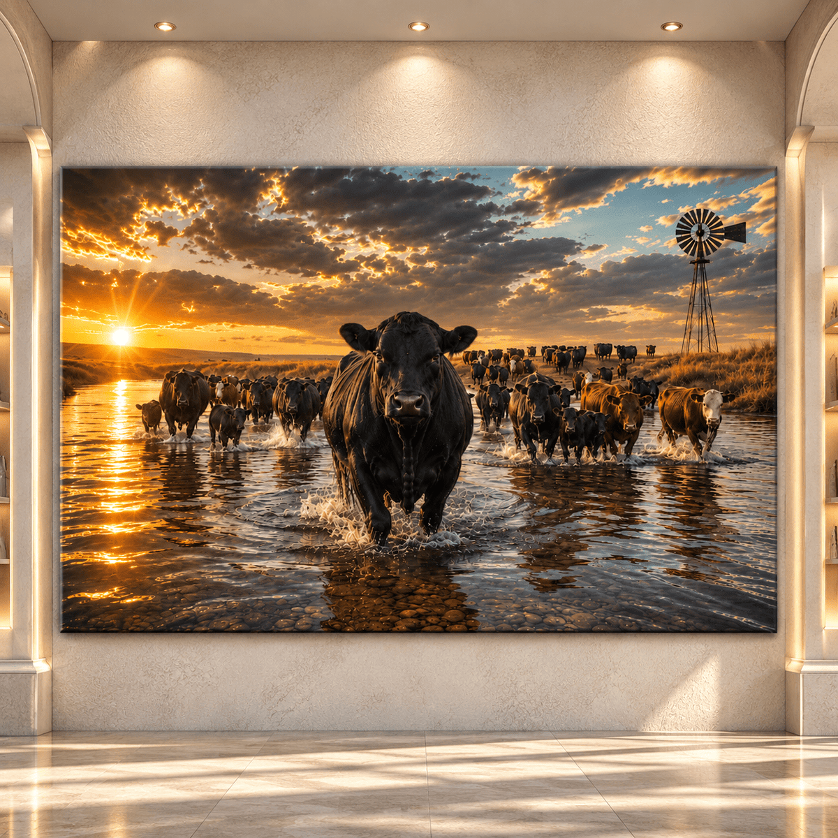 Black Angus Cattle Crossing River at Sunset Wrapped Canvas Wall Art – Western Ranch Herd & Windmill Landscape - ART OF ROYALS