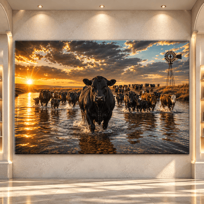 Black Angus Cattle Crossing River at Sunset Wrapped Canvas Wall Art – Western Ranch Herd & Windmill Landscape - ART OF ROYALS