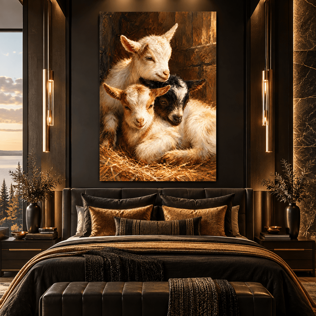 Three Baby Goats Resting in Hay Wrapped Canvas Wall Art – Rustic Farmhouse Kid Goat Painting - ART OF ROYALS