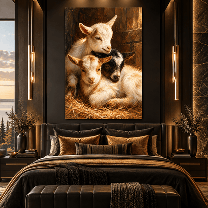 Three Baby Goats Resting in Hay Wrapped Canvas Wall Art – Rustic Farmhouse Kid Goat Painting - ART OF ROYALS
