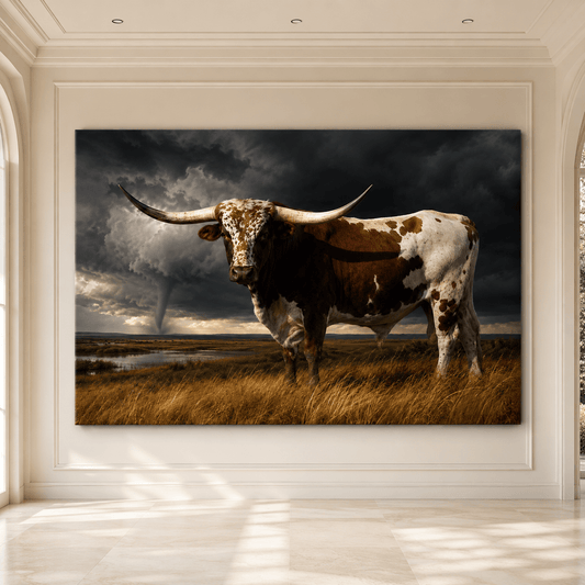 Texas Longhorn Bull in Storm Wrapped Canvas Wall Art – Dramatic Western Cattle Ranch Print - ART OF ROYALS