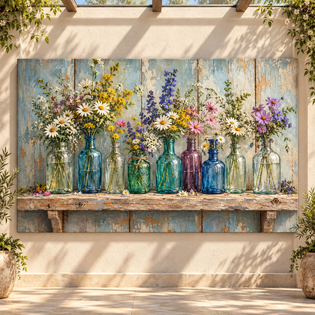 Wildflowers in Vintage Glass Bottles Wrapped Canvas Wall Art – Rustic Farmhouse Floral Still Life Painting - ART OF ROYALS