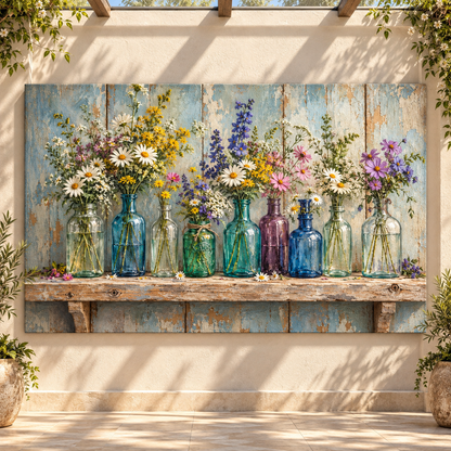 Wildflowers in Vintage Glass Bottles Wrapped Canvas Wall Art – Rustic Farmhouse Floral Still Life Painting - ART OF ROYALS