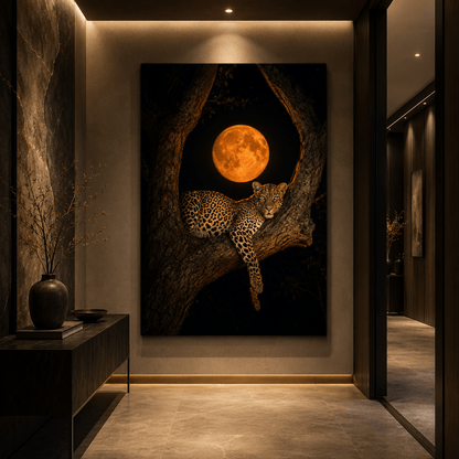 Leopard Resting Beneath Full Moon Wrapped Canvas Wall Art – Moonlit Big Cat Wildlife Print - ART OF ROYALS